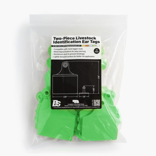 A retail bag of twenty-five green female tags and twenty-five green male buttons with the Bridges Solutions, LLC label on the bag.