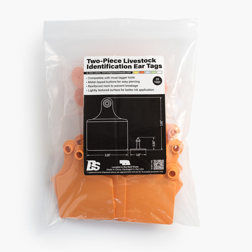 A retail bag of twenty-five orange female tags and twenty-five orange male buttons with the Bridges Solutions, LLC label on the bag.