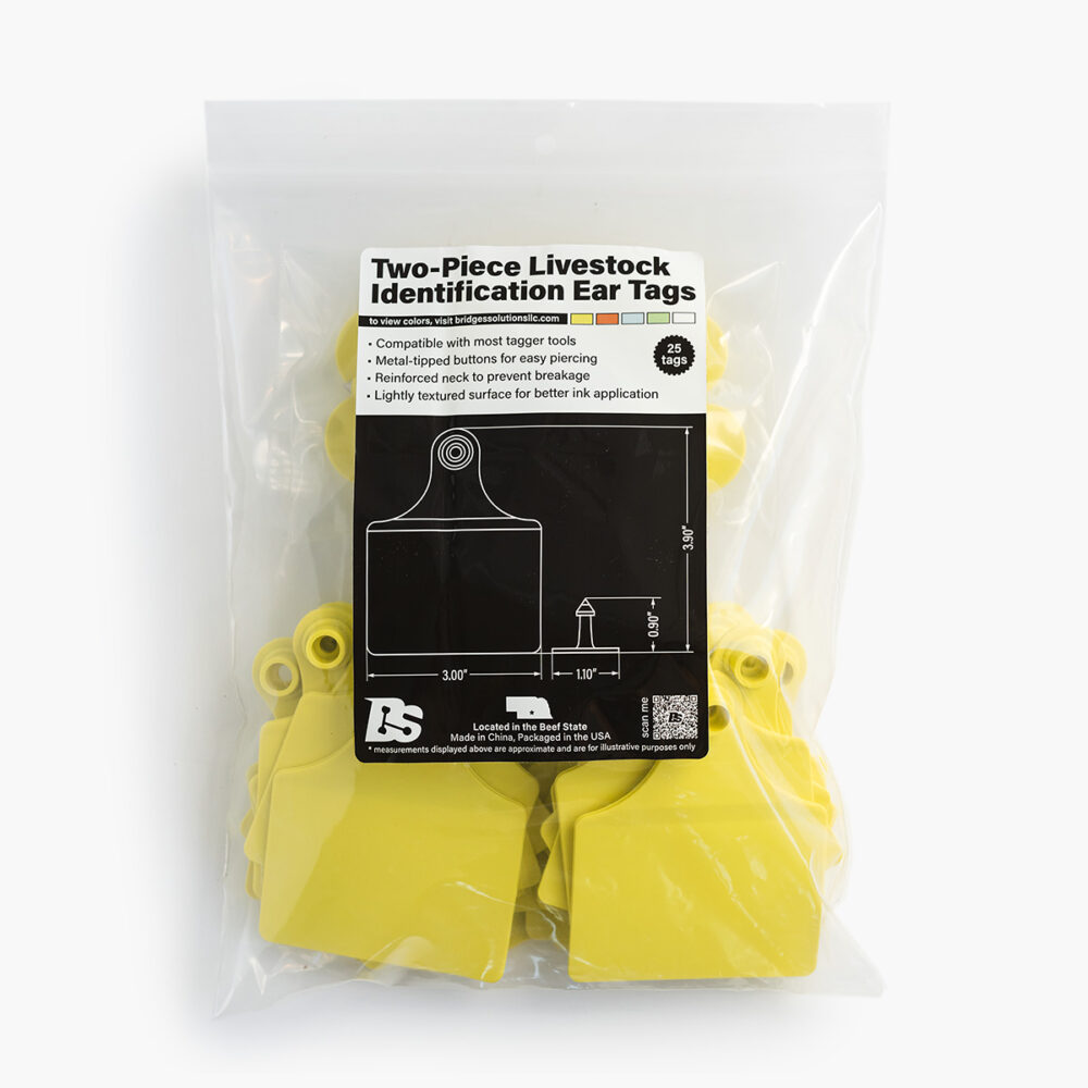 A retail bag of twenty-five yellow female tags and twenty-five yellow male buttons with the Bridges Solutions, LLC label on the bag.
